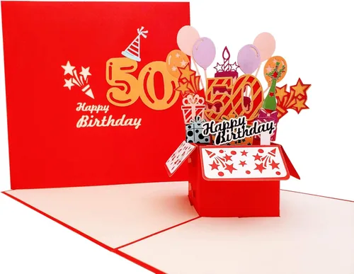 iGifts And Cards Tarjeta de felicitación emergente 3D con caja de fiesta de cumpleaños número 50 color rojo – Cincuenta, impresionante, globos,