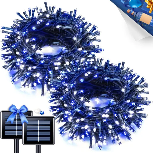 Miniatura 46 de JMEXSUSS 600 luces LED solares azules de Navidad, 206.7 pies, luces azules de Navidad al aire libre, impermeables, 8 modos de luz solar al aire