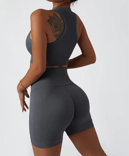 Miniatura 65 de Conjuntos de entrenamiento para mujer, 2 piezas, sin costuras, acanalada, sin mangas, brasier deportivo, cintura alta, pantalones cortos