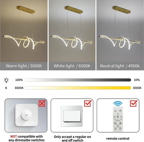 Miniatura 4 de Modern 59inch Led Chandeliers for Dining Room, Dimmable 3000k~6500k Remote Control Gold Spiral Shape Pendant Lights 50w Height Adjustable Hanging