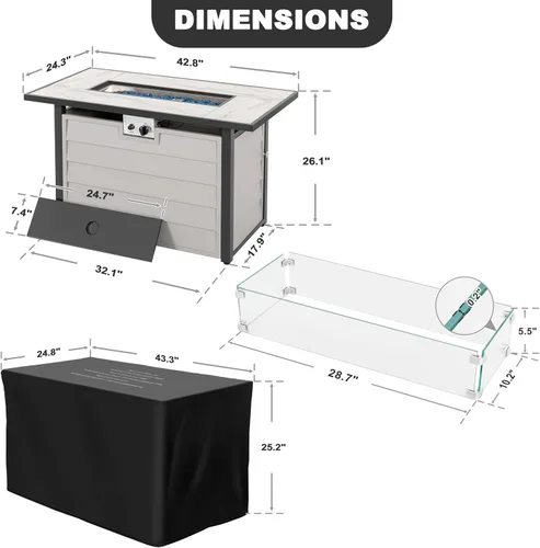 Miniatura 7 de Nuu Garden Mesa para fogata de propano para patio de 43 pulgadas, fogata de gas de 50,000 BTU con parte superior de vidrio texturizado de mármol