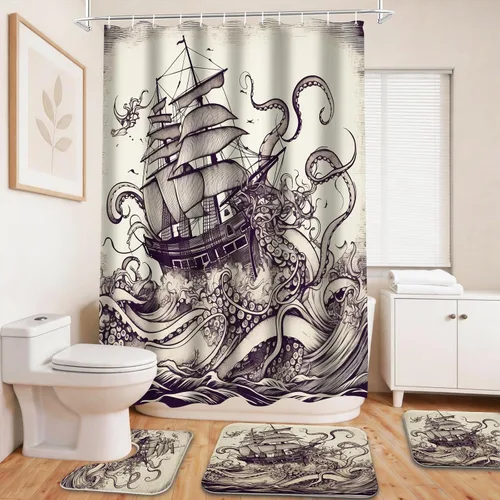 Miniatura 20 de Cool Modern - Juego de portaaviones para niños con cortina de ducha náutica militar y alfombras de 20 x 31 pulgadas, accesorios de baño, decoración