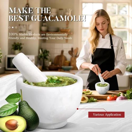 Miniatura 5 de Koville Juego de mortero y mortero de mármol, tazón de molinillo de 5 a 1.5 tazas para guacamole, salsa, trituradora de píldoras, especias, hierbas