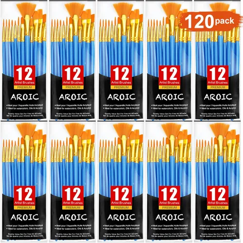 AROIC Juego de pinceles de pintura acrílica, 10 paquetes / 120 piezas, cabezal de cepillo de nylon, adecuado para óleo y acuarela, conjunto perfecto