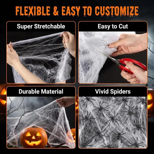 Miniatura 4 de MAQIHAN Telarañas de 1200 pies cuadrados para decoración de Halloween, telarañas de Halloween con 40 arañas falsas, telarañas súper elásticas