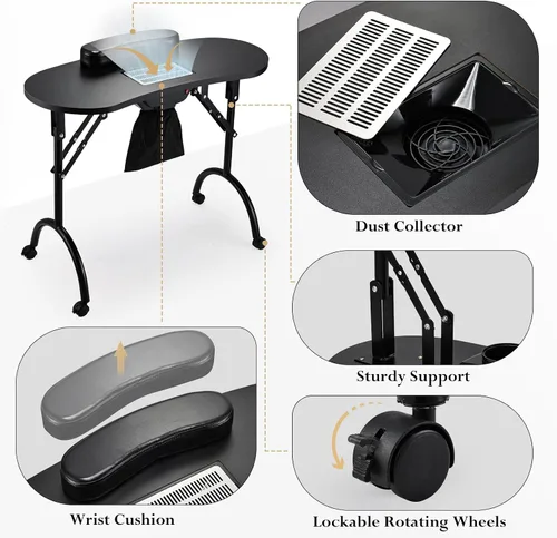 Miniatura 4 de Faquenc Mesa de manicura plegable para uñas con colector de polvo + estuche de maquillaje 4 en 1 rodante para estilistas móviles, artistas, salón