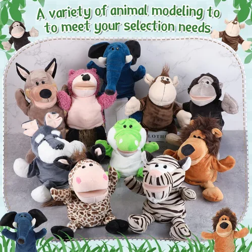 Miniatura 4 de Wettarn 10 piezas de marionetas de animales de mano de 12 pulgadas de felpa suave, diseño de león, orangután, jirafa, tigre, cerdo, elefante