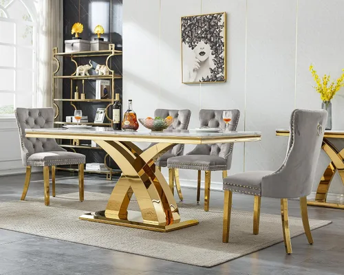 Miniatura 33 de Juego de mesa de comedor de mármol de lujo de 70 pulgadas para 4, juegos de mesa de cocina blanco y dorado para 4, mesa de comedor moderna de mármol
