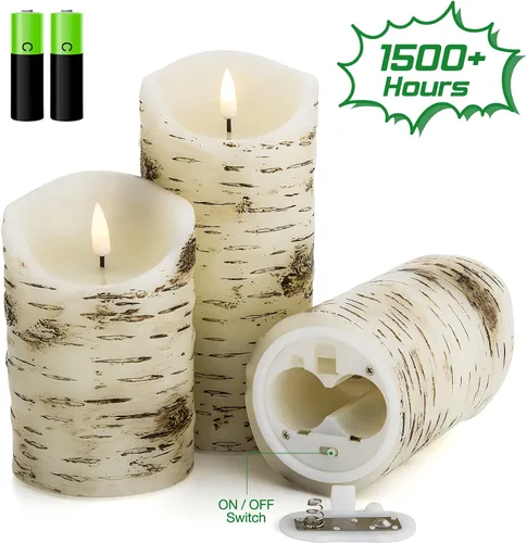 Miniatura 3 de Eywamage Velas de pilar sin llama de corteza de abedul con control remoto, velas LED rústicas parpadeantes con batería de madera, juego de 3 Parte