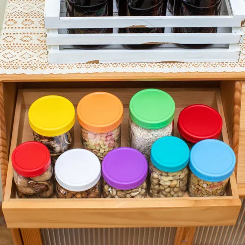 Miniatura 5 de Jumterlee Paquete de 9 tapas para tarros Mason de boca regular, tapas de plástico con anillos de silicona, tapas de conservas de plástico, bola