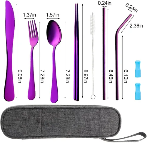 Miniatura 3 de Juego de utensilios de viaje con estuche, juego de cubiertos portátiles reutilizables de acero inoxidable, 8 piezas, incluyendo cuchillo de cena