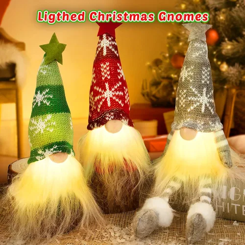 Miniatura 3 de Paquete de 6 adornos navideños de gnomo, gnomos suecos hechos a mano iluminados Tomte de peluche con luces, elfo de Papá Noel festivo, regalo