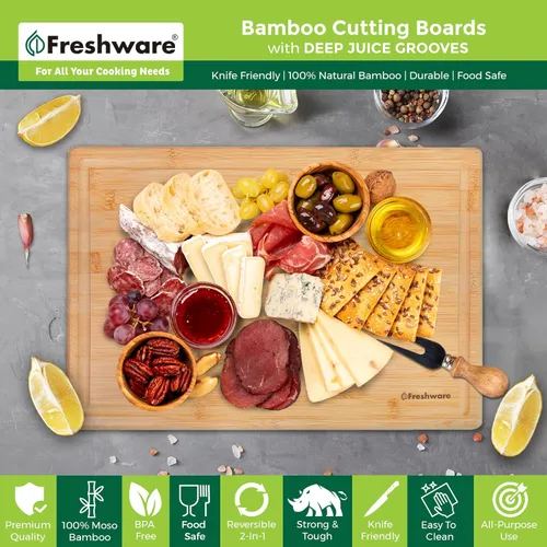 Miniatura 3 de Tabla de cortar de bambú para cocina con ranura para jugos [Extragrande] Tabla de cortar de madera para cortar carne, verduras, frutas, queso