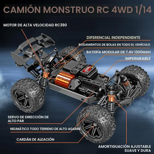 Miniatura 4 de Rc Cars 1:14 All Terrain RC Car para adultos y niños, 4WD Off-Road RC Truck de alta velocidad rápido 40+ KPH, 4X4 impermeable a control remoto con 2