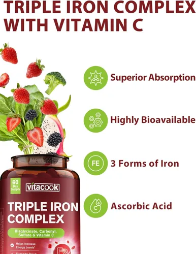 Miniatura 5 de Suplemento de hierro Vitacook para mujeres y hombres, píldoras de hierro 3-en-1 de 65 mg, bisglicinato, sulfato, hierro carbonilo con vitamina C