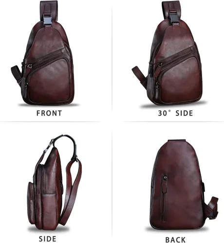 Miniatura 4 de LRTO Bolso de cuero genuino para hombres y mujeres, estilo vintage, de cuero auténtico, bandolera de hombro, bolso cruzado en el pecho, Café, Único