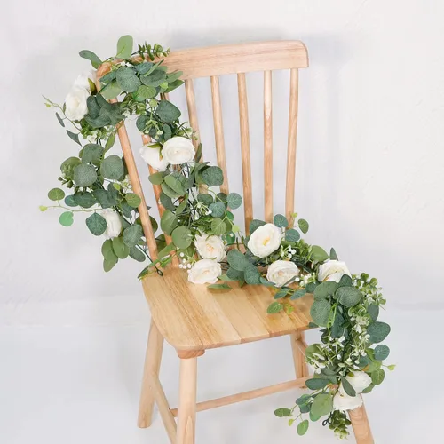 Miniatura 6 de TOCHGREEN Paquete de 4 Guirnaldas de Flores de Eucalipto Artificial con Rosas Blancas, Guirnalda de Flores de Rosa Falsa Vegetación Enredaderas