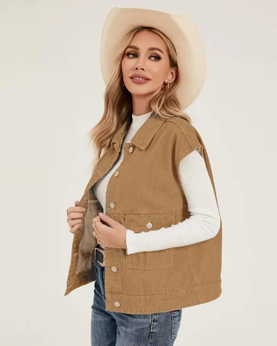 Miniatura 4 de luvamia Denim para mujer, de gran tamaño, con botones, sin mangas, chaqueta vaquera a la moda, casual, ropa de abrigo occidental con bolsillos