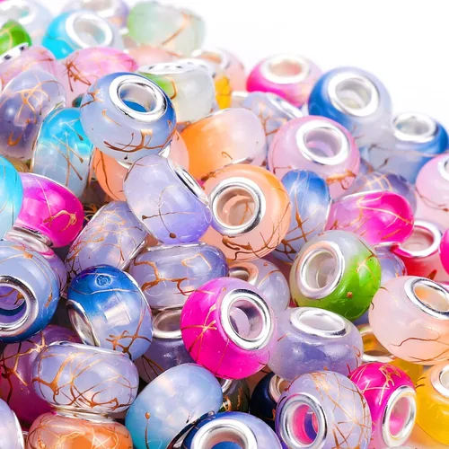 Miniatura 13 de 100 Piezas Cuentas Espaciadoras Europeas de Agujero Grande de 0.551 pulgadas, Mezcla de Colores con Núcleos de Latón Plateado Surtidos Cuentas
