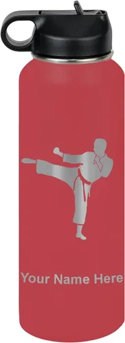 Miniatura 74 de Botella de agua personalizada LaserGram, Karate Man, de acero inoxidable con doble pared aislada al vacío con tapa abatible, regalo personalizado