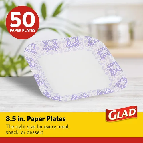 Miniatura 2 de Glad Platos de papel desechables cuadrados para toda ocasión Platos desechables resistentes, impermeables, a prueba de cortes, aptos para Púrpura