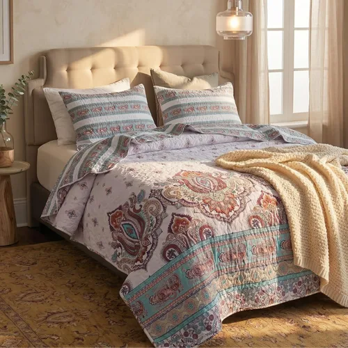 DaDa Bedding Juego de colcha bohemia con estampado de cachemira – Colcha acolchada reversible floral bohemia – Maximalist Turquoise Teal Blue Red