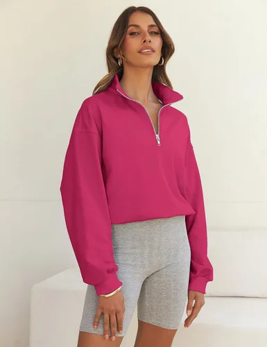 Miniatura 8 de MEROKEETY Sudadera corta con cremallera de un cuarto para mujer, manga larga, cuello alto, con cordón