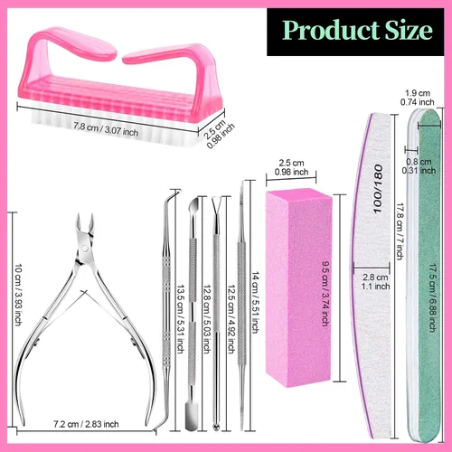 Miniatura 7 de FANDAMEI Kit de cuidado de uñas, limas de uñas 100/180, bloque de pulidor de uñas, pinzas de cutícula, cortador de cutícula, empujador de cutícula