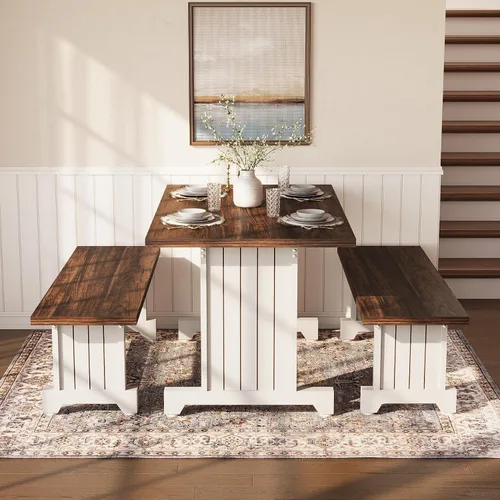 Miniatura 4 de LITTLE TREE Juego de mesa de comedor para 4 personas con 2 bancos, mesa de cocina moderna con tablero de MDF, comedor que ahorra espacio