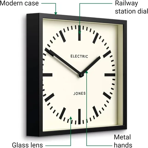 Miniatura 6 de JONES CLOCKS® Reloj de pared Box Railway Reloj de estación cuadrada 10 pulgadas Negro Aspecto de diseñador genial para cocina, sala de estar