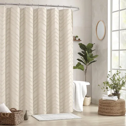 Miniatura 8 de Cortina de ducha bohemia beige de 72 x 72 pulgadas, moderna cortina de ducha estilo granja, bohemio, elegante, con textura de cheurón, cortinas