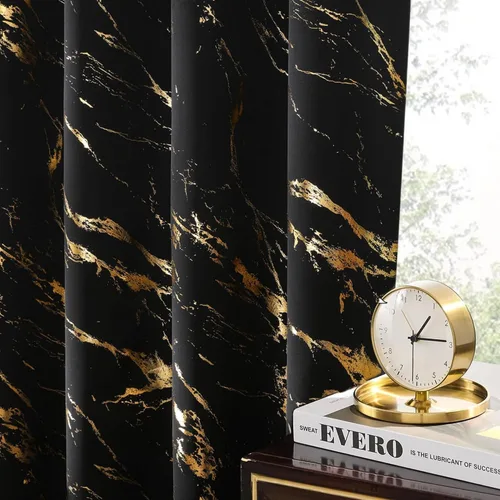 Miniatura 10 de WUBODTI Cortinas 100% Opacas de Mármol Beige de 63 Pulgadas de Largo 2 Paneles, Cortina Corta con Ojales de Impresión de Lámina Dorada Moderna