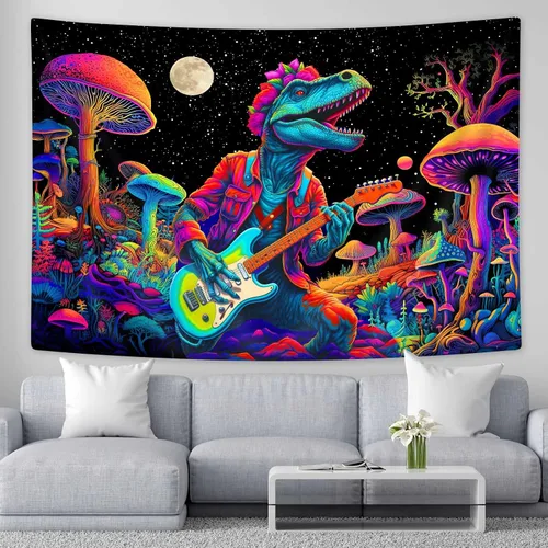 Miniatura 6 de SAOLUIS Tapiz de luz negra de dinosaurio, divertidos tapices de hongos de dinosaurio de neón reactivo a los rayos UV para colgar en la pared, tapiz