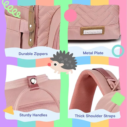 Miniatura 5 de iniuniu Mochila para pañales, kit 4 en 1, bolsas de bebé unisex grandes para niños y niñas, mochila de viaje impermeable con bolsa para pañales Rosa