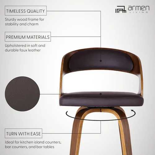 Miniatura 3 de Armen Living Shelly 26" Altura del Asiento Taburete Giratorio de Bar de Estilo Moderno de Mediados del Siglo para Isla de Cocina y Encimera en Cuero