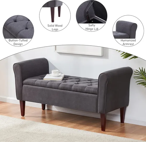 Miniatura 6 de HUIMO Banco de almacenamiento de 48 pulgadas, otomana de almacenamiento con brazos con patas de madera maciza de 7.5 pulgadas, banco de pie de cama