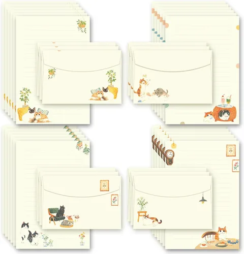 72 piezas de papel de escritura y sobres de gato lindo, juego de papelería de 8.3 x 5.6 pulgadas, 48 hojas rayadas y 24 sobres, diseño de gatito