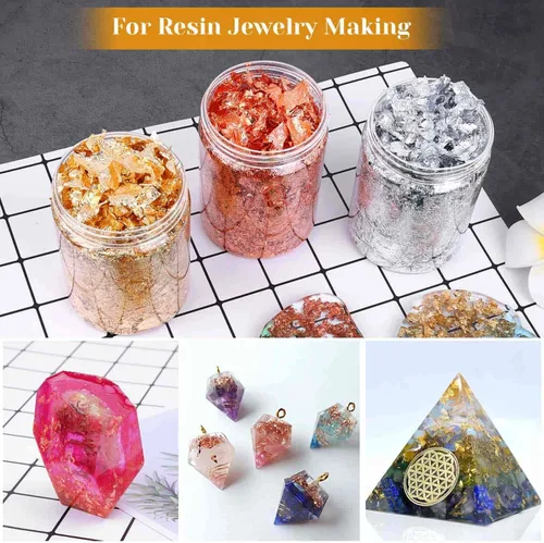 Miniatura 4 de PAXCOO - Copos de lámina dorada de 1.59 oz para la fabricación de joyas de resina, hojuelas metálicas de lámina dorada para uñas, pintura