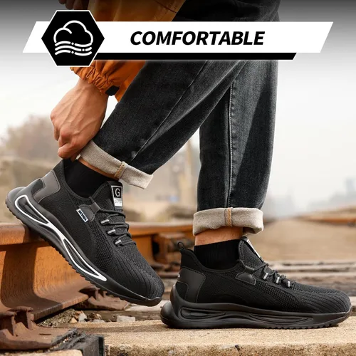 Miniatura 5 de GLANOUDUN Zapatos de punta de acero para hombre, zapatos de trabajo ligeros para hombres, zapatos de trabajo negros con punta de acero, zapatos