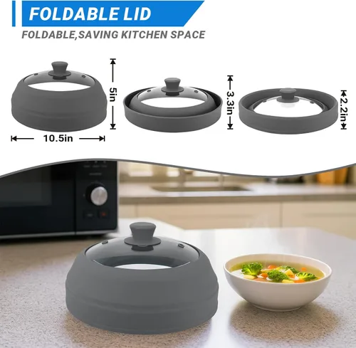Miniatura 2 de Cubierta de vidrio para microondas para alimentos, cubierta plegable de silicona para salpicaduras de microondas de 10.5 pulgadas, cubierta