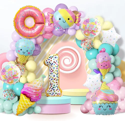 Miniatura 6 de 10 globos de helado, globos de papel de aluminio Mylar con número de dona de caramelo, temática de helado, suministros de fiesta de primer cumpleaños