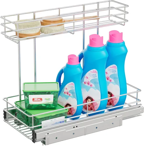 Organizador de gabinete extraíble de 2 niveles para debajo del fregadero, cesta de estante de alambre deslizante para gabinetes de base de cocina, 9
