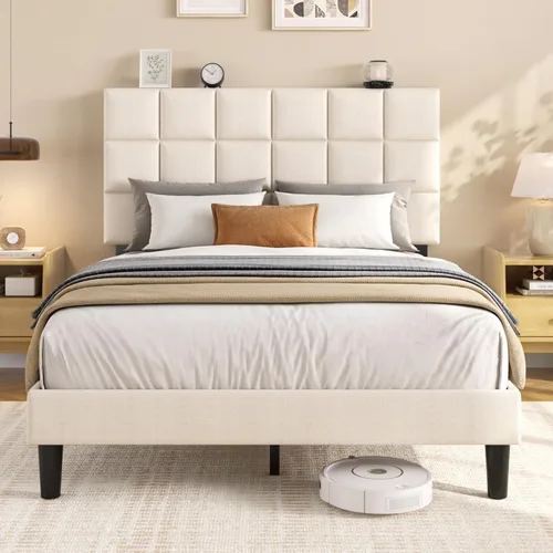 Miniatura 9 de Fluest Base de cama de plataforma completa con cabecero alto tapizado de lino, no necesita somier, esponja EVA antirruido, fácil montaje, envío