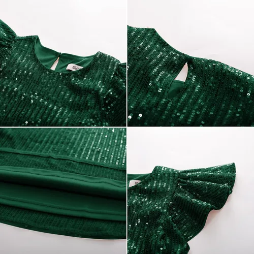 Miniatura 7 de GRACE KARIN Vestido de lentejuelas para niñas, manga corta, con vuelo, silueta acampanada, vestido midi con lazo para el pelo, 5-12 años