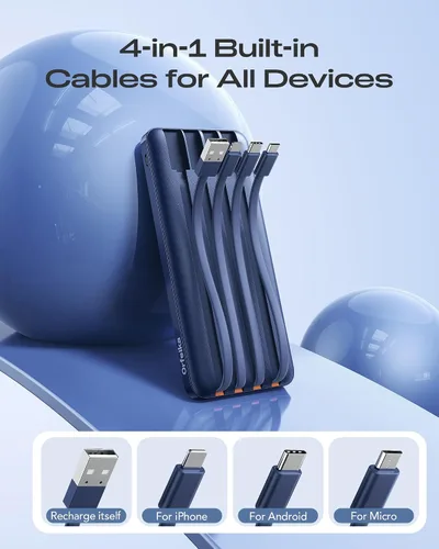Miniatura 3 de Orfeika Banco de Energía de 20000mAh con Carga Rápida, Cargador Portátil con 4 Cables Integrados y 6 Salidas, Paquete de Batería PD USB C de 20W