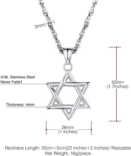 Miniatura 89 de U7 - Collar con Estrella de David para hombres y mujeres, dije hexagonal de acero inoxidable con cruz/piedra de rubí/collares clásicos judíos