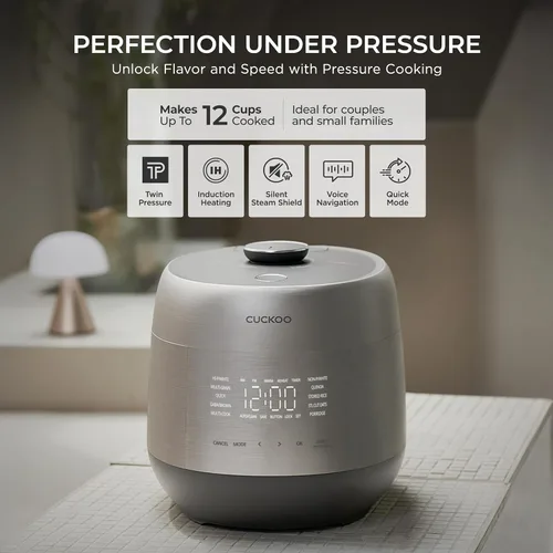 Miniatura 3 de CUCKOO Olla arrocera de doble presión de 6 tazas sin cocer / 12 tazas cocidas con tecnología de calentamiento por inducción, sistema de presión