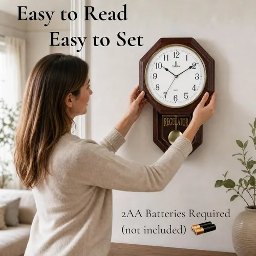 Miniatura 6 de Reloj de Pared con Péndulo - Reloj Regulador de Madera Real - Diseño de Escuela - Silencioso, Sin Campanadas, de Madera y Operado