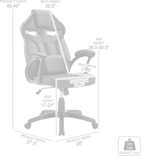 Miniatura 3 de Armen Living Aspect - Silla ajustable para juegos de carreras en piel sintética negra y malla gris oscuro con almohada de apoyo lumbar