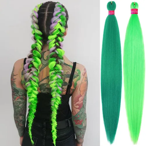 Miniatura 19 de Cabello trenzado verde con lentejuelas de 26 pulgadas, preestirado, trenzas de textura Yaki, extensiones de cabello pre plumadas, 3 paquetes, fácil
